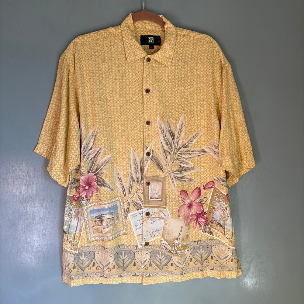 Vintage NO BS Men's Large Yellow Button Up Rayon Tropical Hawaiian Shirt Retro